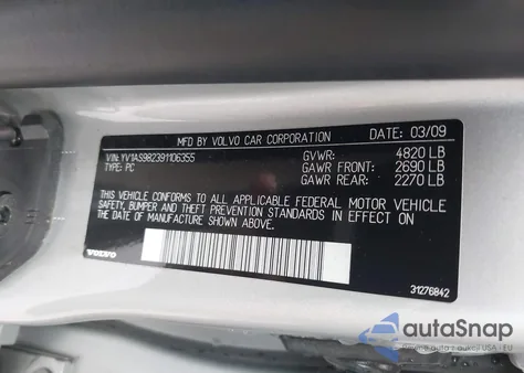 2009 Volvo S80 3.2 z USA, uszkodzony, nr VIN YV1AS982391106355